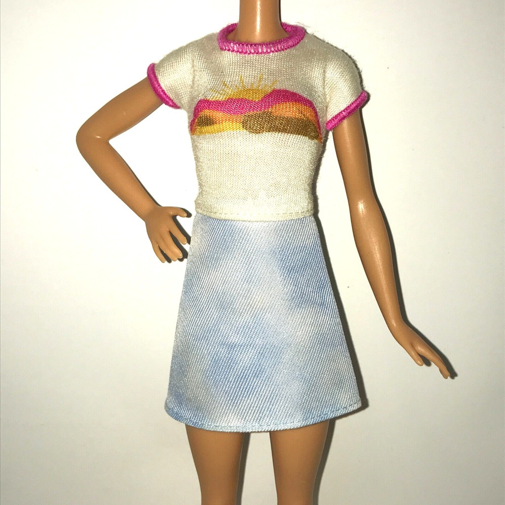 Barbie Doll Clothing White Graphic Tee Pink Trim Denim Skirt Dress